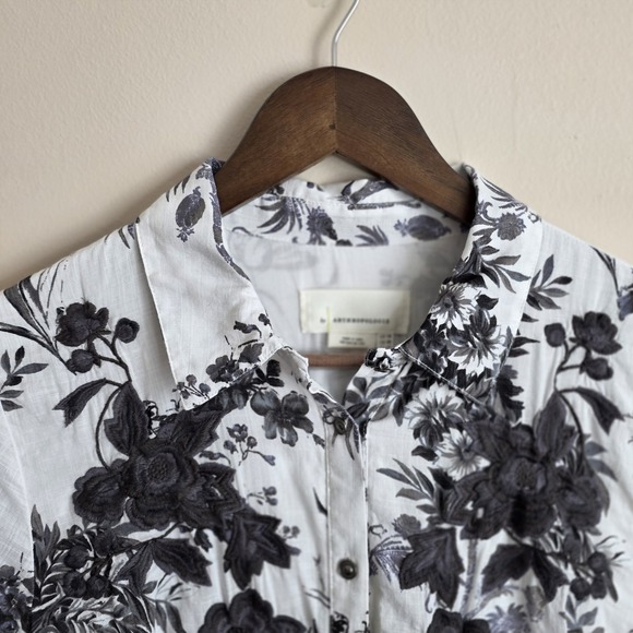 Anthropologie Floral Toile Button Down Mini Dress Blue Black Long Sleeve Size 10 - Picture 3 of 13